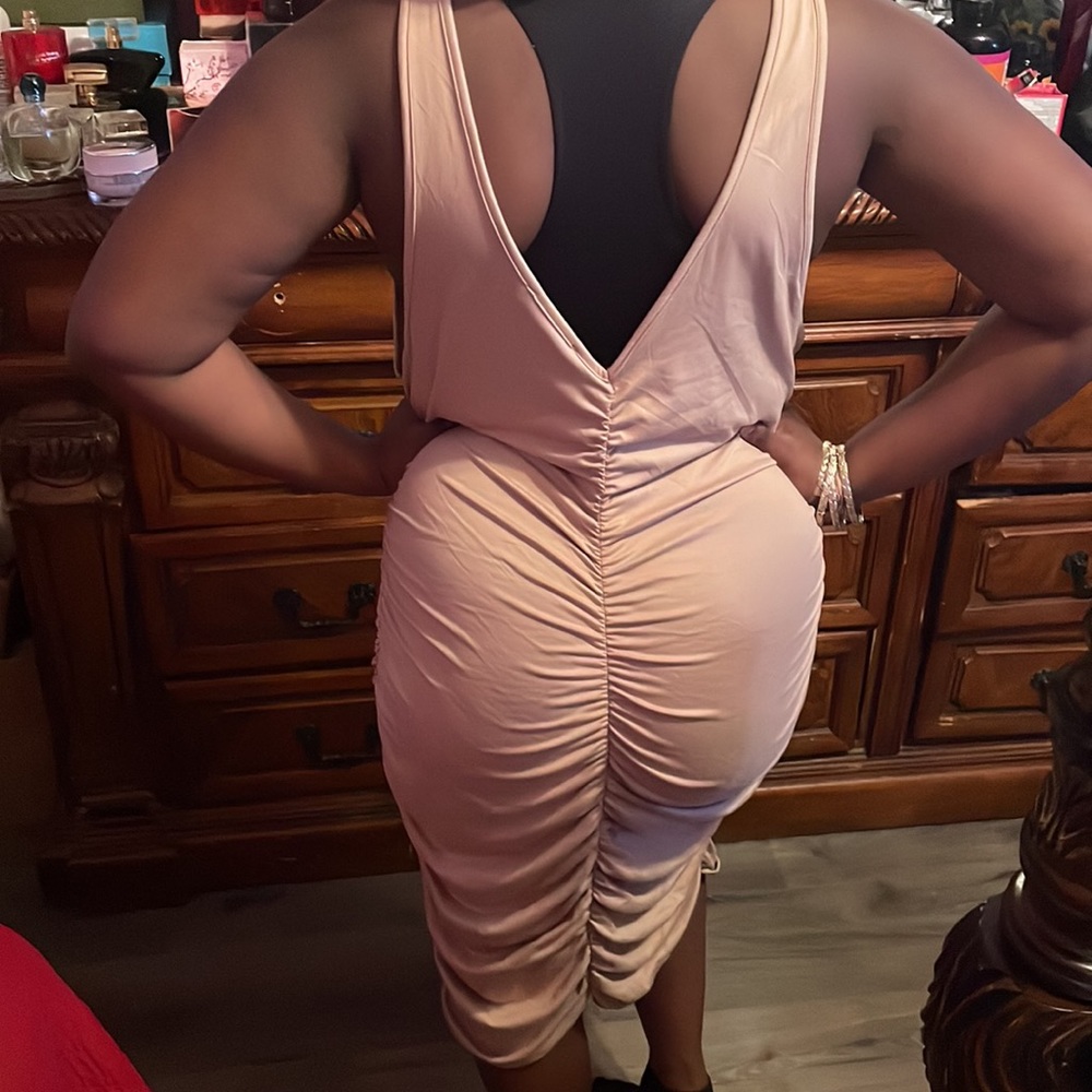 *Pop Your Booty* Ruched Sexy Bodycon Dress (Tan) PLUS SIZE